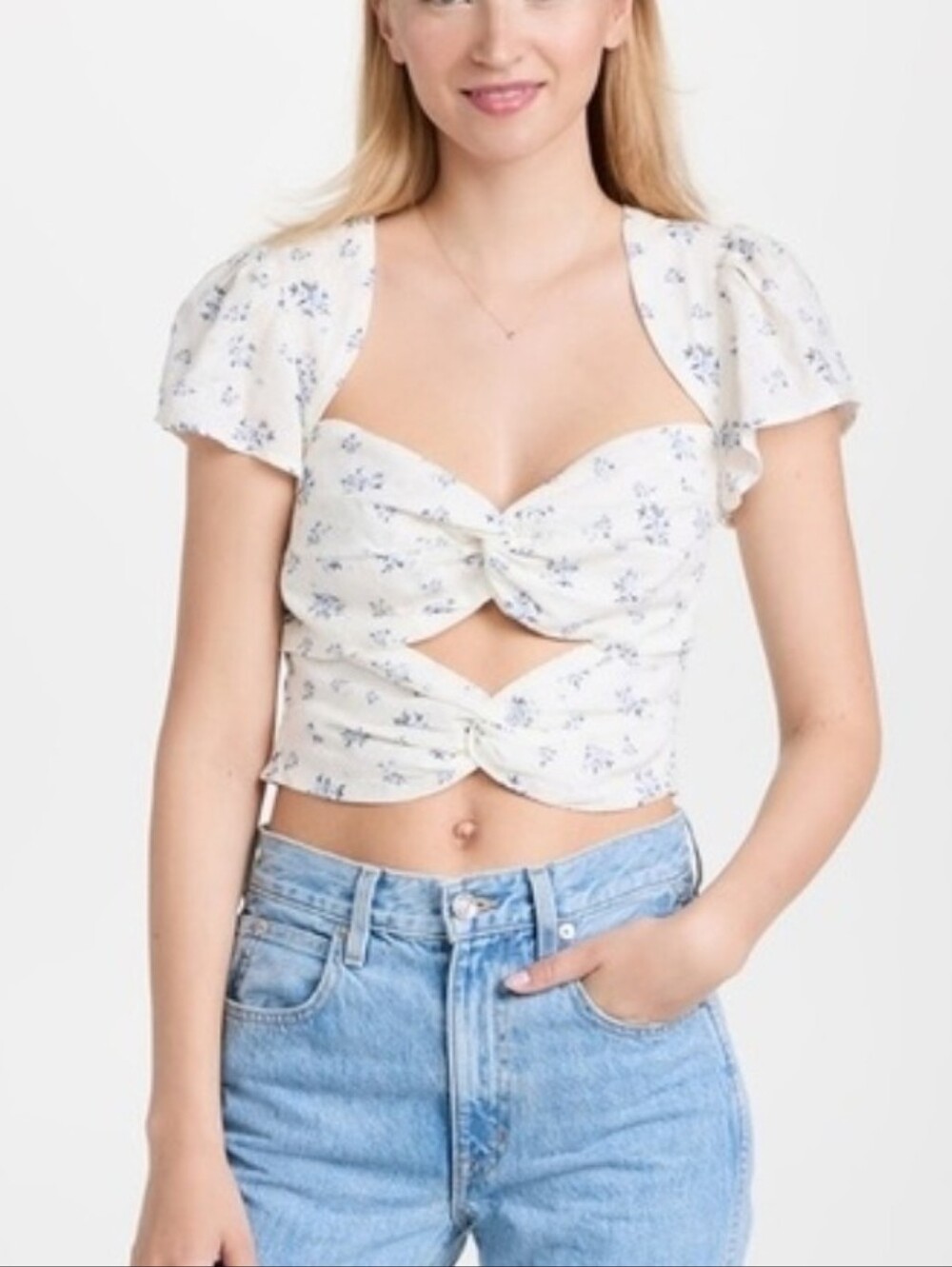 NWT En Saison Floral Cutout Crop Top Smocked Back Puff Sleeve Size S - Picture 5 of 13